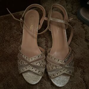 Dream Pairs Gold Glitter Strappy Heels with Rhinestone Accents